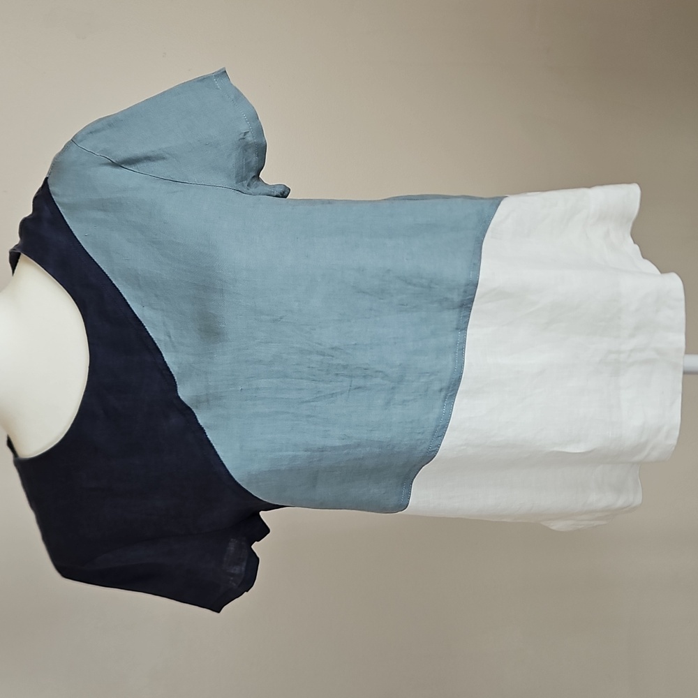 Voyage 100% Linen Colorblock Top Short Sleeve Blue White Coastal EU40